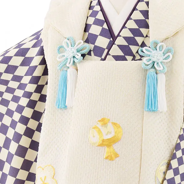 七五三(3歳被布)W398【正絹】クリーム絞り金コマ刺繍宝尽くし×紫変わり柄