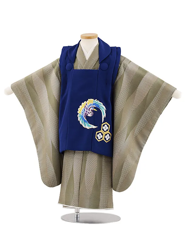 七五三レンタル(3歳男児被布)W442 青地刺繍鶴丸×オリーブ変わり柄