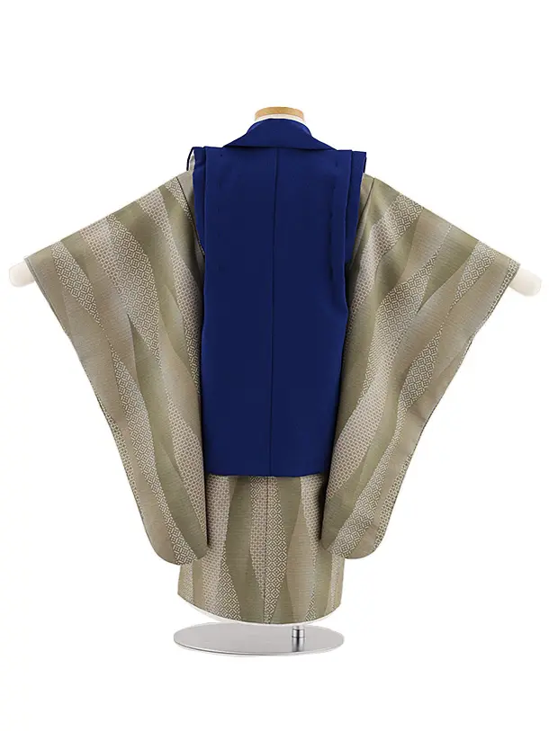 七五三レンタル(3歳男児被布)W442 青地刺繍鶴丸×オリーブ変わり柄