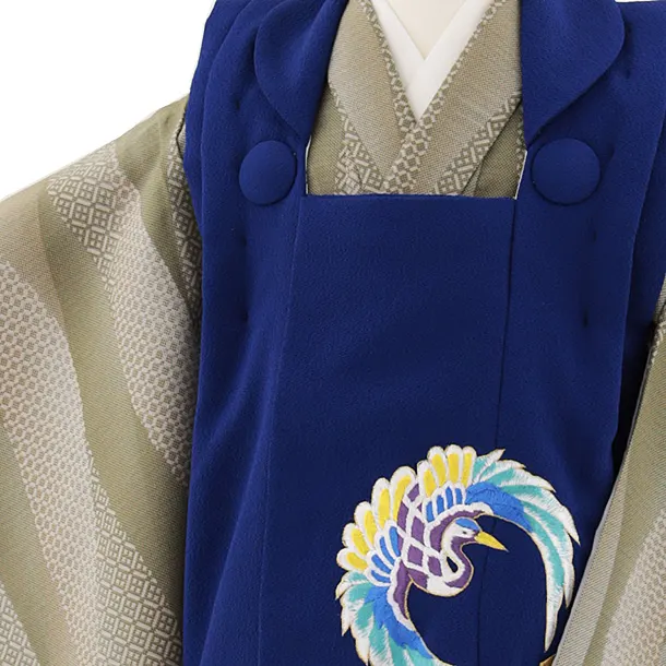 七五三レンタル(3歳男児被布)W442 青地刺繍鶴丸×オリーブ変わり柄