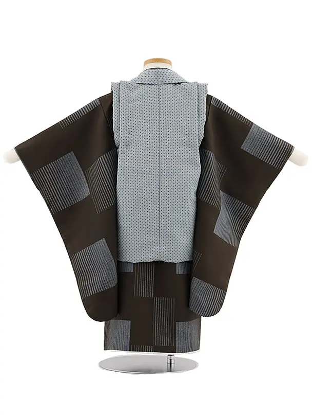 七五三レンタル(3歳男児被布)W445 ブルーグレー刺繍鷹×ブラウン