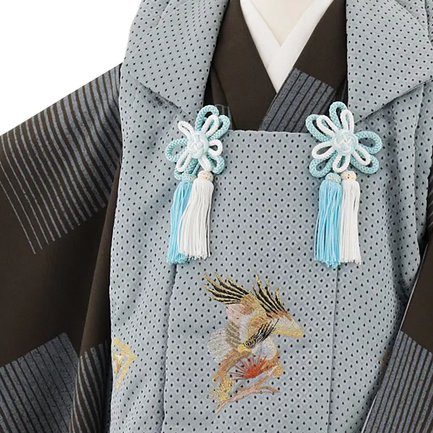 七五三レンタル(3歳男児被布)W445 ブルーグレー刺繍鷹×ブラウン