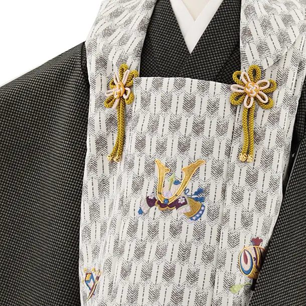 七五三レンタル(3歳男児被布)W448 白矢柄刺繍兜×黒