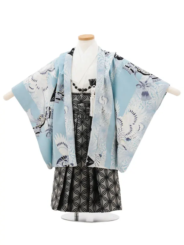 かんたん(3.4歳袴)W466 JAPAN STYLE 水色 鷹に乱菊縞×グレー