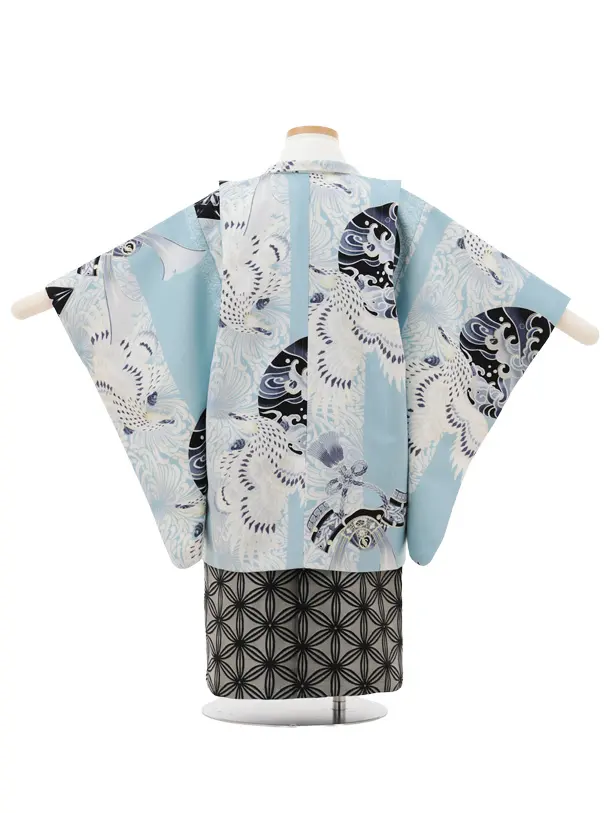 かんたん(3.4歳袴)W466 JAPAN STYLE 水色 鷹に乱菊縞×グレー