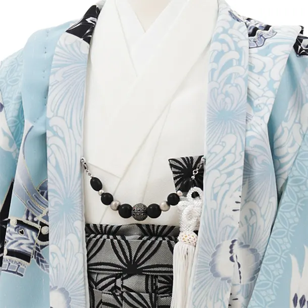 かんたん(3.4歳袴)W466 JAPAN STYLE 水色 鷹に乱菊縞×グレー