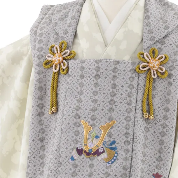 七五三レンタル(3歳男児被布)W477 ベージュ刺繍兜×グレージュ変わり柄
