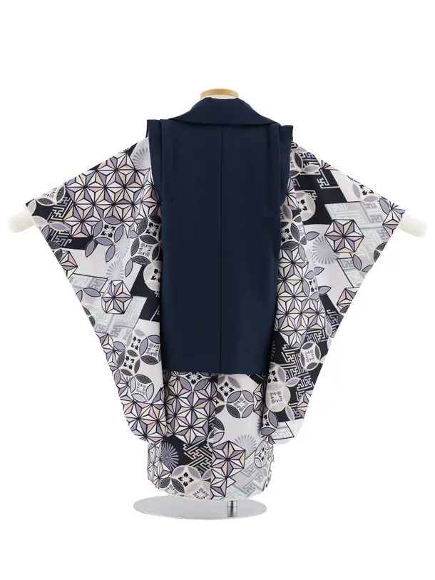 七五三レンタル(3歳男児被布)W482 紺×ベージュ七宝変わり柄