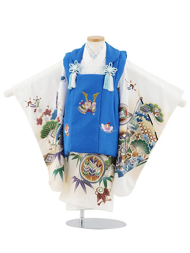 七五三レンタル(3歳男児被布)W548【正絹】青地刺繍兜×白地吉祥文様