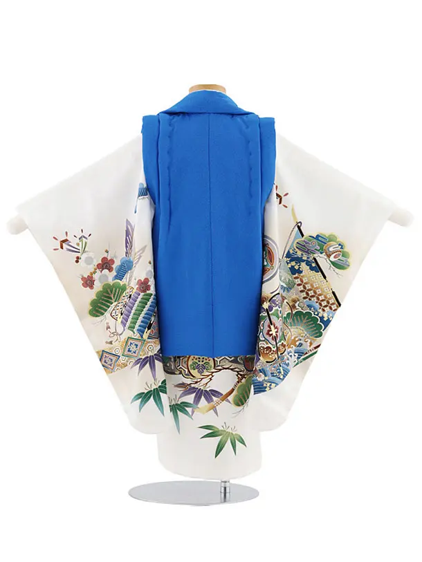 七五三レンタル(3歳男児被布)W548【正絹】青地刺繍兜×白地吉祥文様