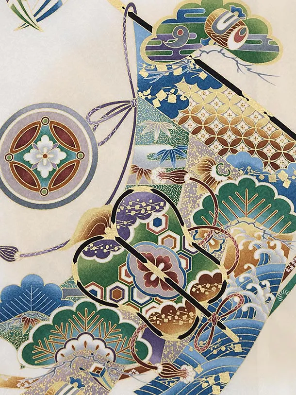 七五三レンタル(3歳男児被布)W548【正絹】青地刺繍兜×白地吉祥文様