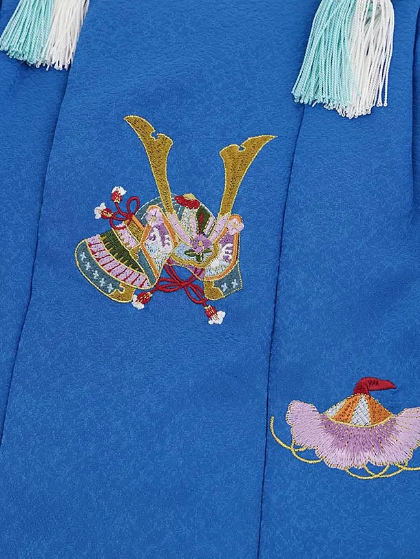 七五三レンタル(3歳男児被布)W548【正絹】青地刺繍兜×白地吉祥文様