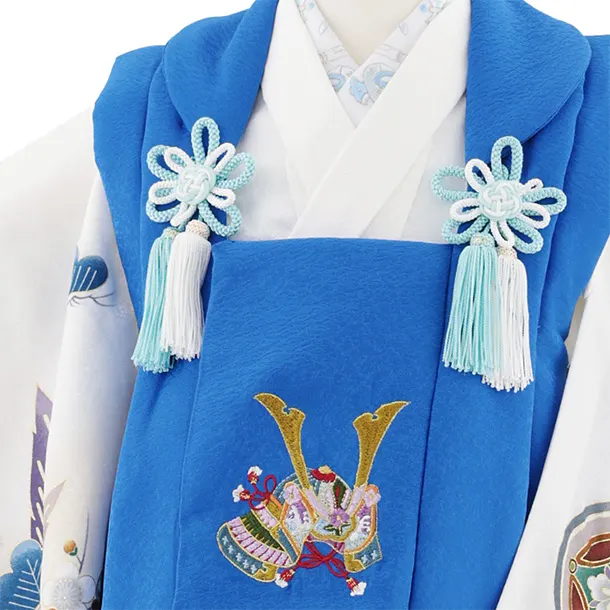七五三レンタル(3歳男児被布)W548【正絹】青地刺繍兜×白地吉祥文様