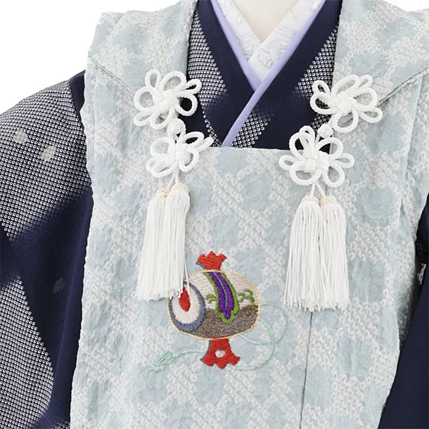 七五三(3歳男児被布)W549【正絹】ブルーグレー刺繍小槌×紺地変わり市松