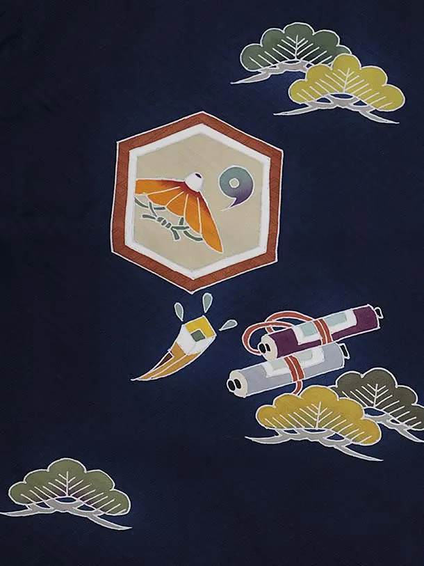 七五三レンタル(3歳男児被布)W552【正絹】金茶矢羽根×紺地 吉祥文様