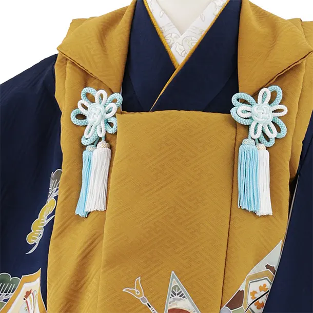 七五三レンタル(3歳男児被布)W552【正絹】金茶矢羽根×紺地 吉祥文様