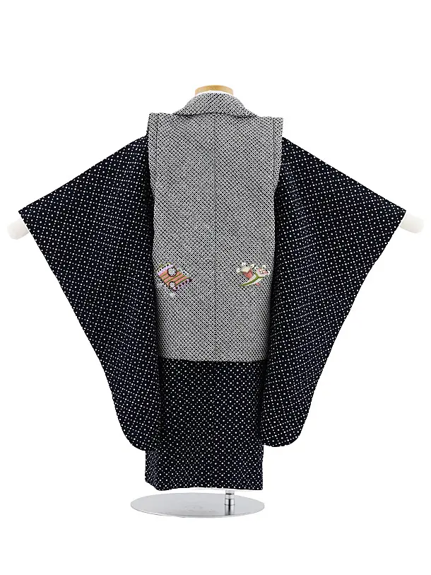 七五三レンタル(3歳男児被布)W559【正絹】黒疋田柄 刺繍小槌×紺地ドット