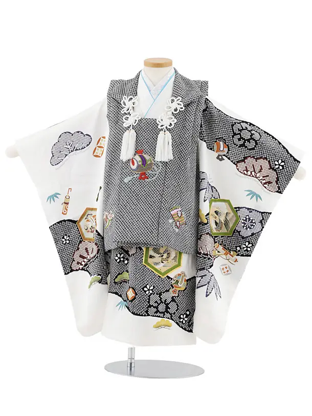 七五三レンタル(3歳男児被布)W564【正絹】黒疋田柄 刺繍小槌×白 吉祥文様
