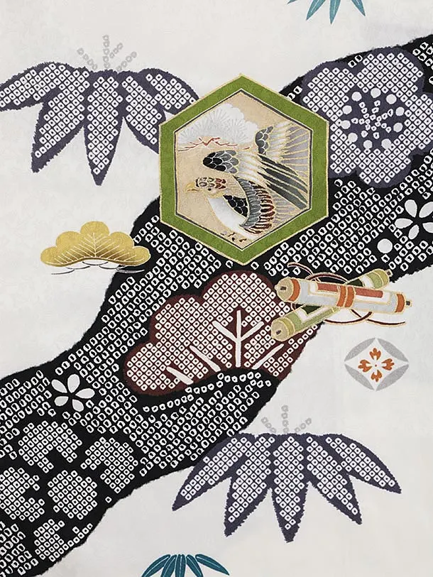 七五三レンタル(3歳男児被布)W564【正絹】黒疋田柄 刺繍小槌×白 吉祥文様