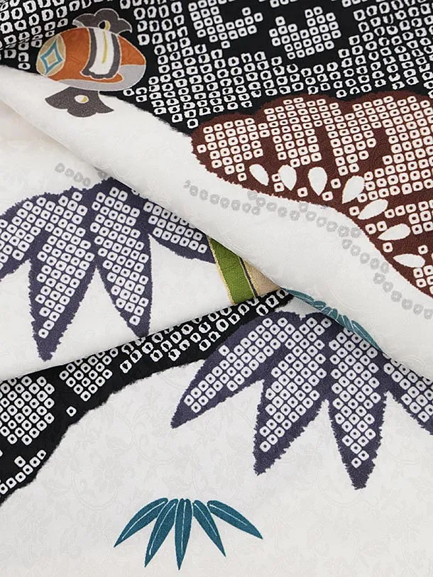 七五三レンタル(3歳男児被布)W564【正絹】黒疋田柄 刺繍小槌×白 吉祥文様