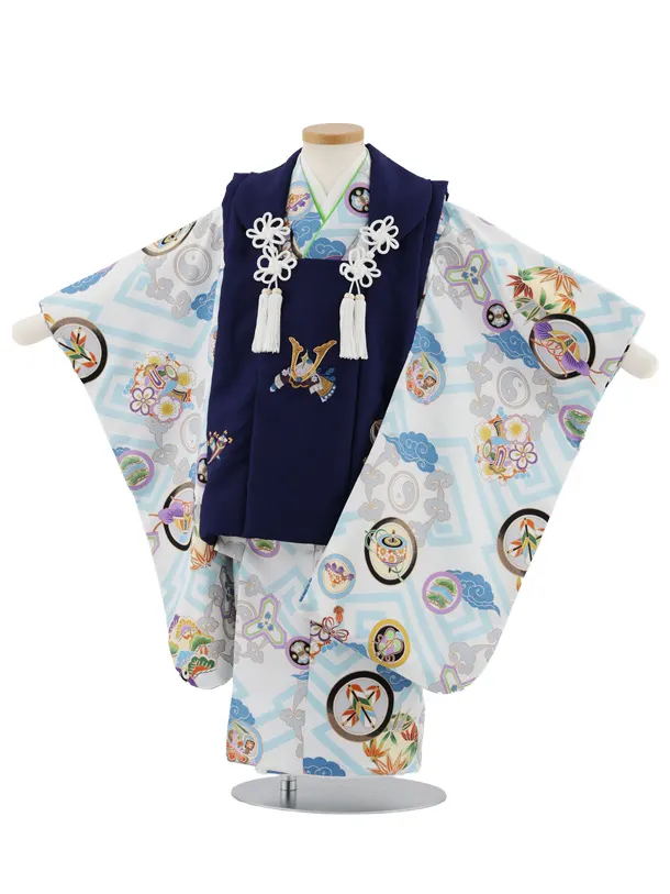 七五三レンタル(3歳男児被布)W569 紺地刺繍兜×白丸紋に吉祥文様