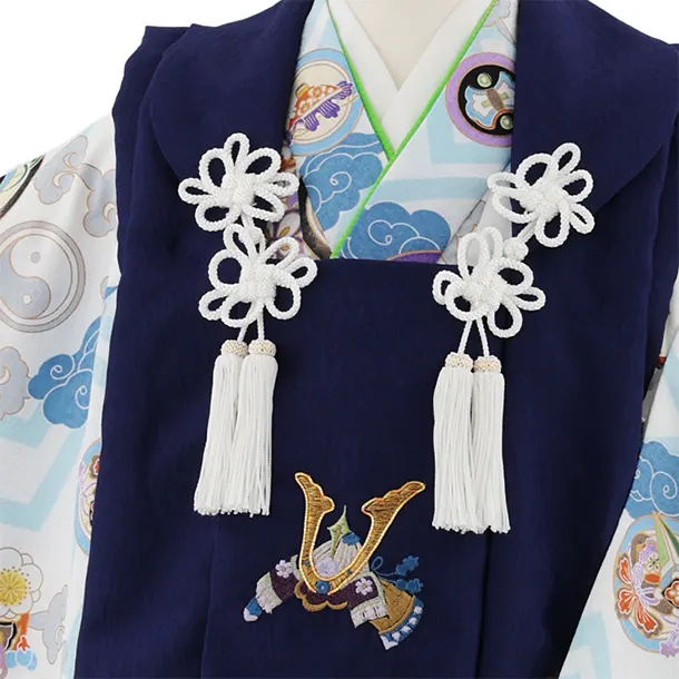 七五三レンタル(3歳男児被布)W569 紺地刺繍兜×白丸紋に吉祥文様
