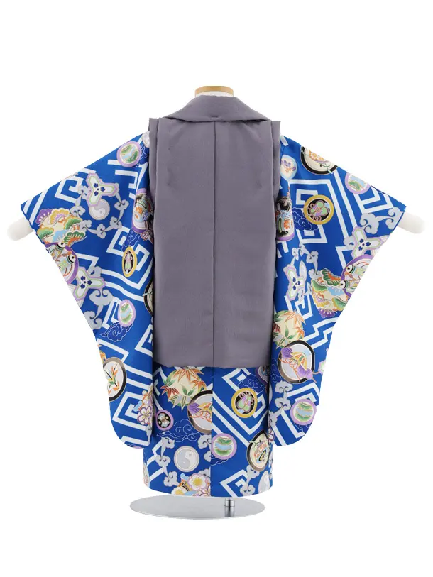 七五三レンタル(3歳男児被布)W571 グレー刺繍兜×青丸紋に吉祥文様