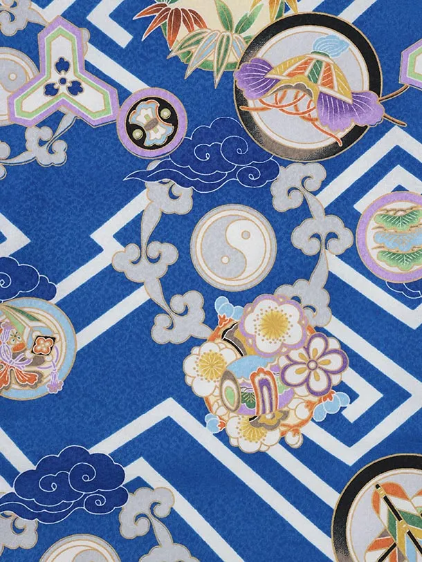 七五三レンタル(3歳男児被布)W571 グレー刺繍兜×青丸紋に吉祥文様