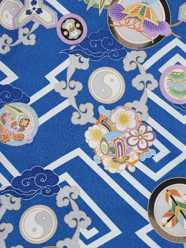 七五三レンタル(3歳男児被布)W572 グリーン刺繍兜×青丸紋に吉祥文様