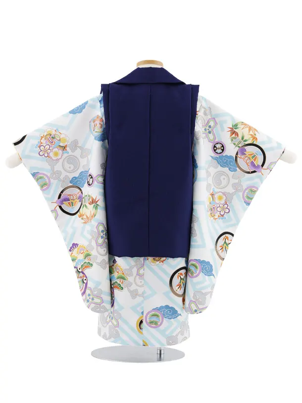 七五三レンタル(3歳男児被布)W574 紺地刺繍兜×白丸紋に吉祥文様