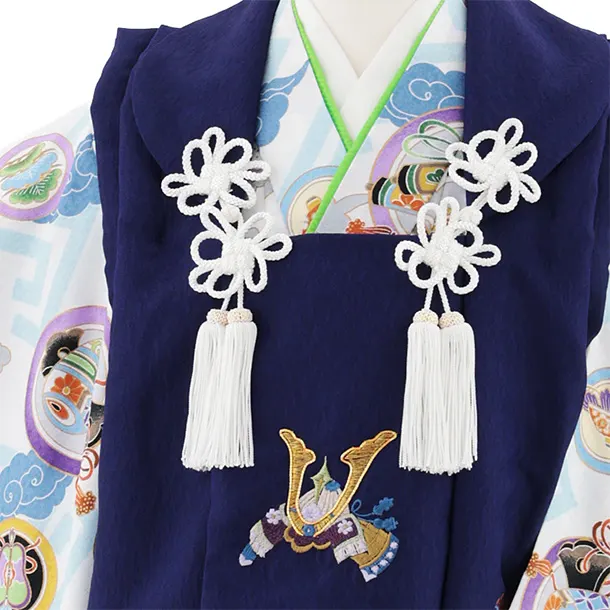 七五三レンタル(3歳男児被布)W574 紺地刺繍兜×白丸紋に吉祥文様