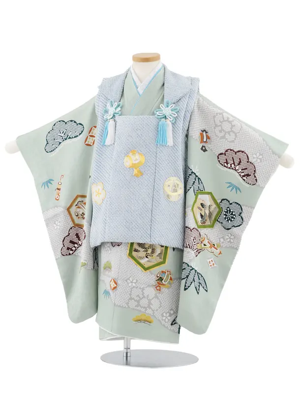 七五三(3歳男児被布)W576【正絹】水色金コマ刺繍宝尽くし×ヒワ吉祥文様