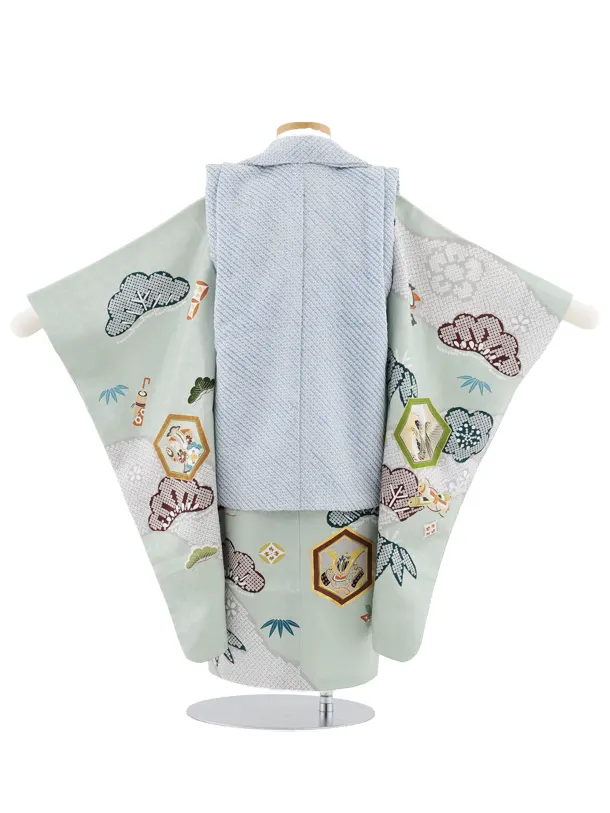 七五三(3歳男児被布)W576【正絹】水色金コマ刺繍宝尽くし×ヒワ吉祥文様