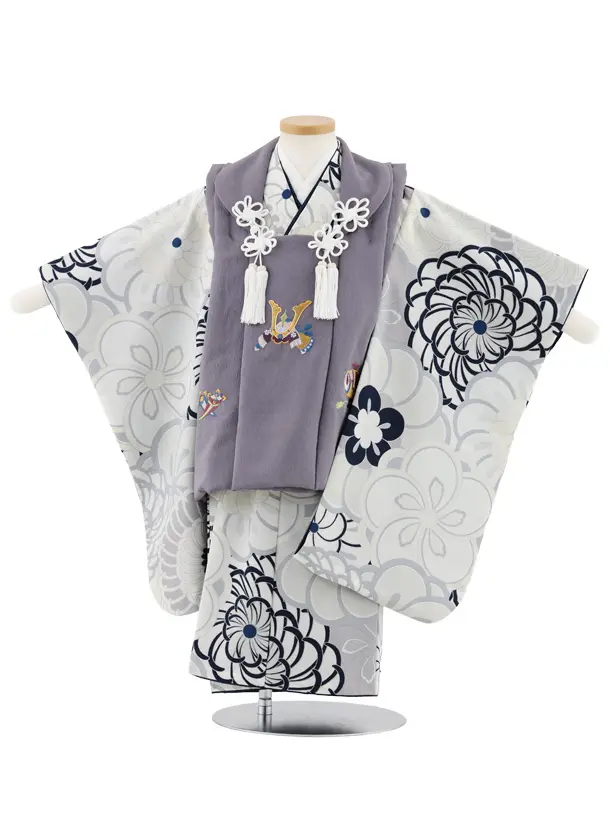 七五三(3歳男児被布)W578 グレーパープル刺繍兜×グレージュねじり梅菊