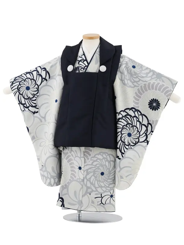 七五三レンタル(3歳男児被布)W579 紺×グレージュねじり梅菊