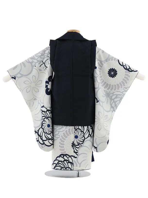 七五三レンタル(3歳男児被布)W579 紺×グレージュねじり梅菊