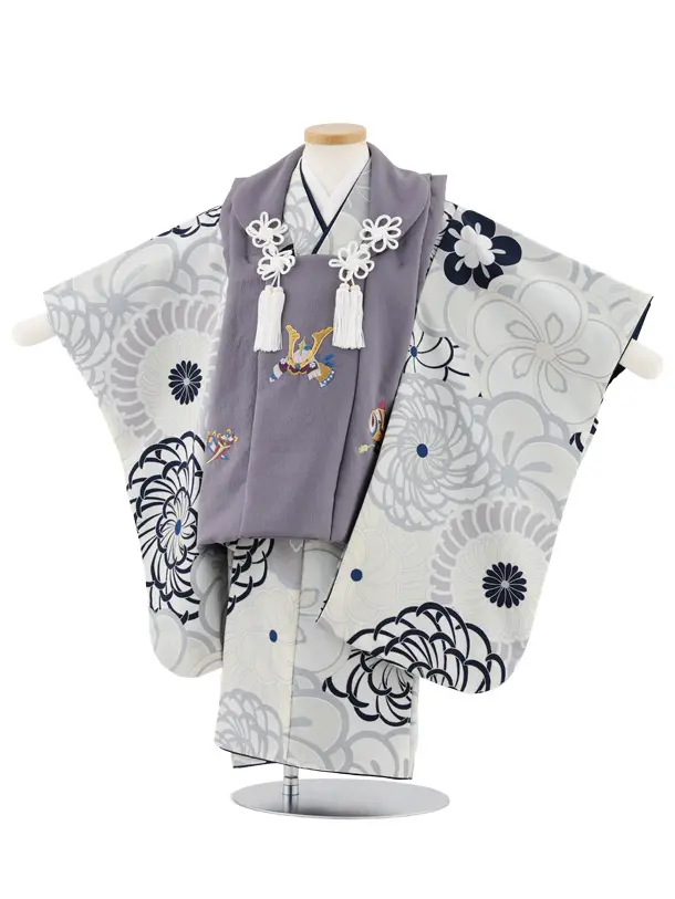 七五三(3歳男児被布)W580 グレーパープル刺繍兜×グレージュねじり梅菊