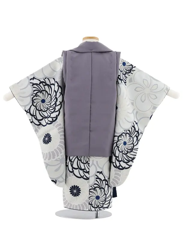 七五三(3歳男児被布)W581 グレーパープル刺繍兜×グレージュねじり梅菊