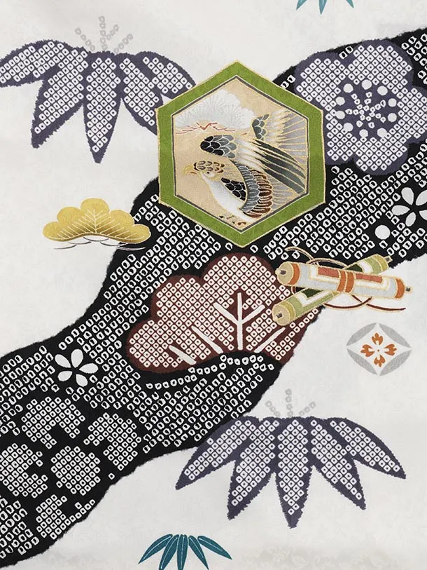 七五三レンタル(3歳男児被布)W584【正絹】黒絞り金コマ×白 吉祥文様