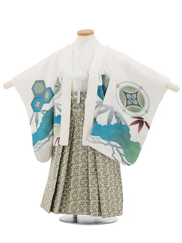 かんたん七五三(3歳男袴)W596 白地松に亀甲鷹×ベージュグリーン