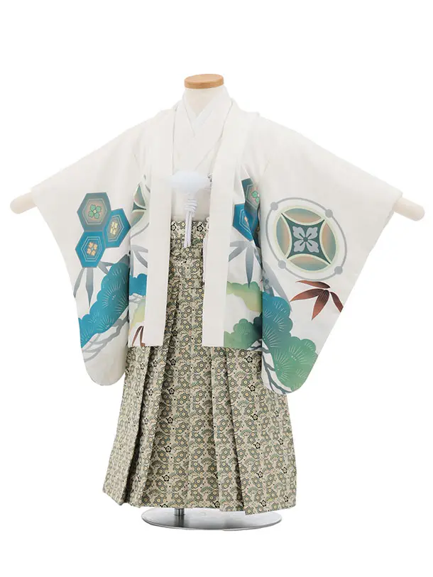 かんたん七五三(3歳男袴)W596 白地松に亀甲鷹×ベージュグリーン