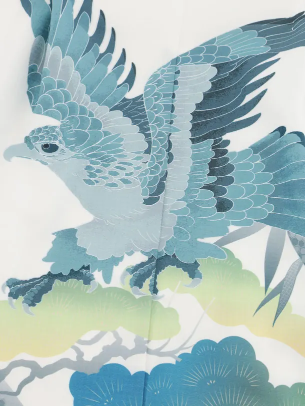 かんたん七五三(3歳男袴)W596 白地松に亀甲鷹×ベージュグリーン