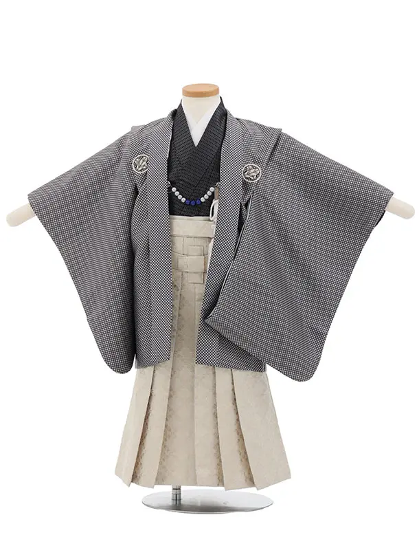かんたん七五三(3歳男袴)W598 グレーパープル格子紋付×ベージュシルバー