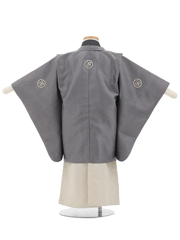 かんたん七五三(3歳男袴)W598 グレーパープル格子紋付×ベージュシルバー