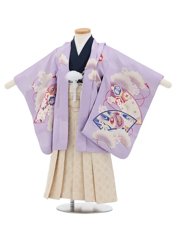 かんたん七五三(3歳男袴)W599 紫 扇絵に鷹×ベージュゴールド