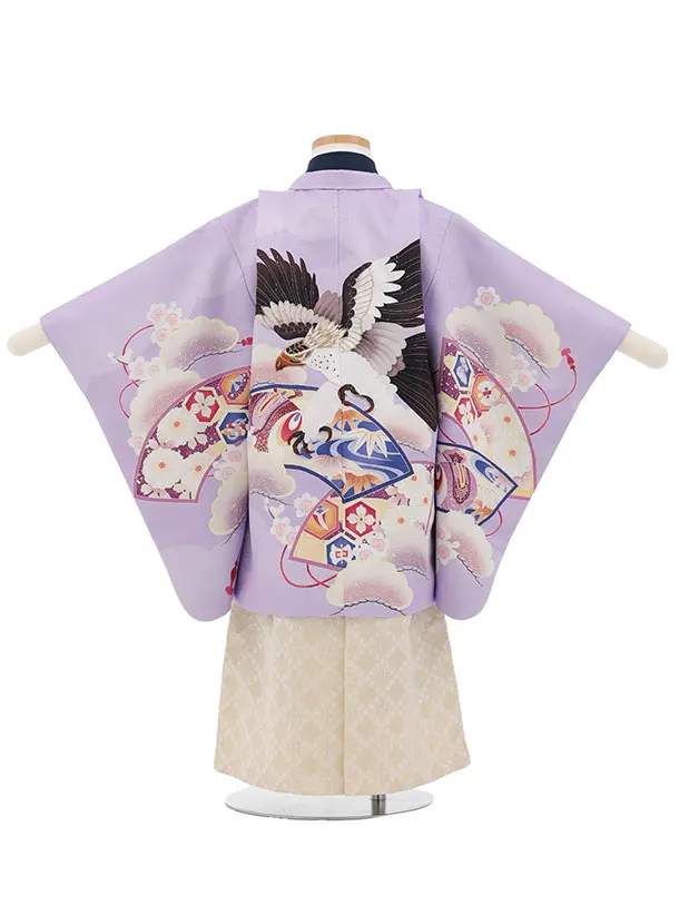 かんたん七五三(3歳男袴)W599 紫 扇絵に鷹×ベージュゴールド