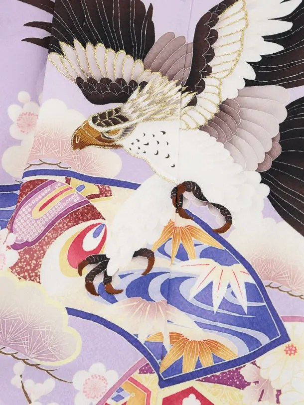 かんたん七五三(3歳男袴)W599 紫 扇絵に鷹×ベージュゴールド
