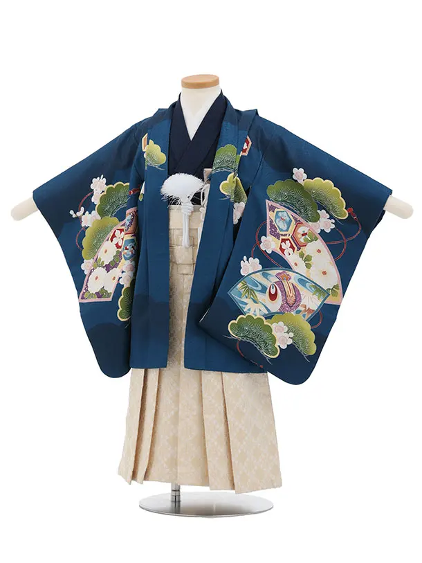 かんたん七五三(3歳男袴)W600 青 扇絵に鷹×ベージュゴールド