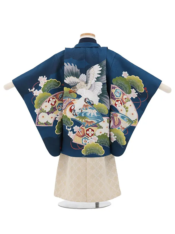 かんたん七五三(3歳男袴)W600 青 扇絵に鷹×ベージュゴールド