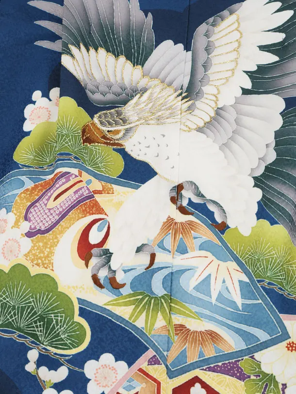 かんたん七五三(3歳男袴)W600 青 扇絵に鷹×ベージュゴールド